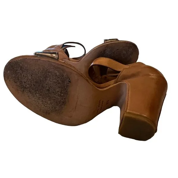 LATITUDE I FEMME Italian Natural Leather & Metallic Block Heels Size 37 or 7.5 - Picture 7 of 14